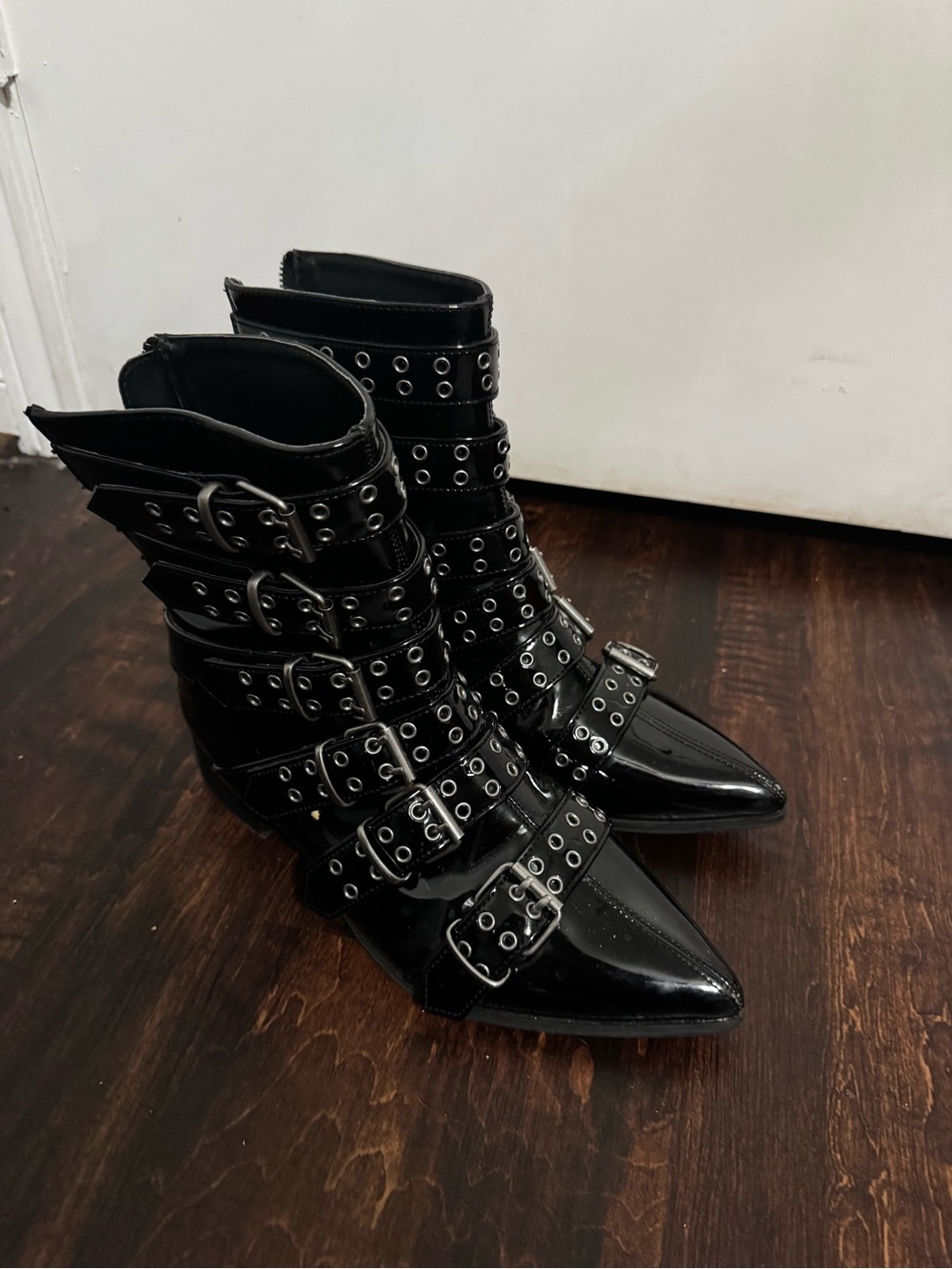 Demonia Warlock Black Buckle-Strap Pointed Toe Ankle Boots